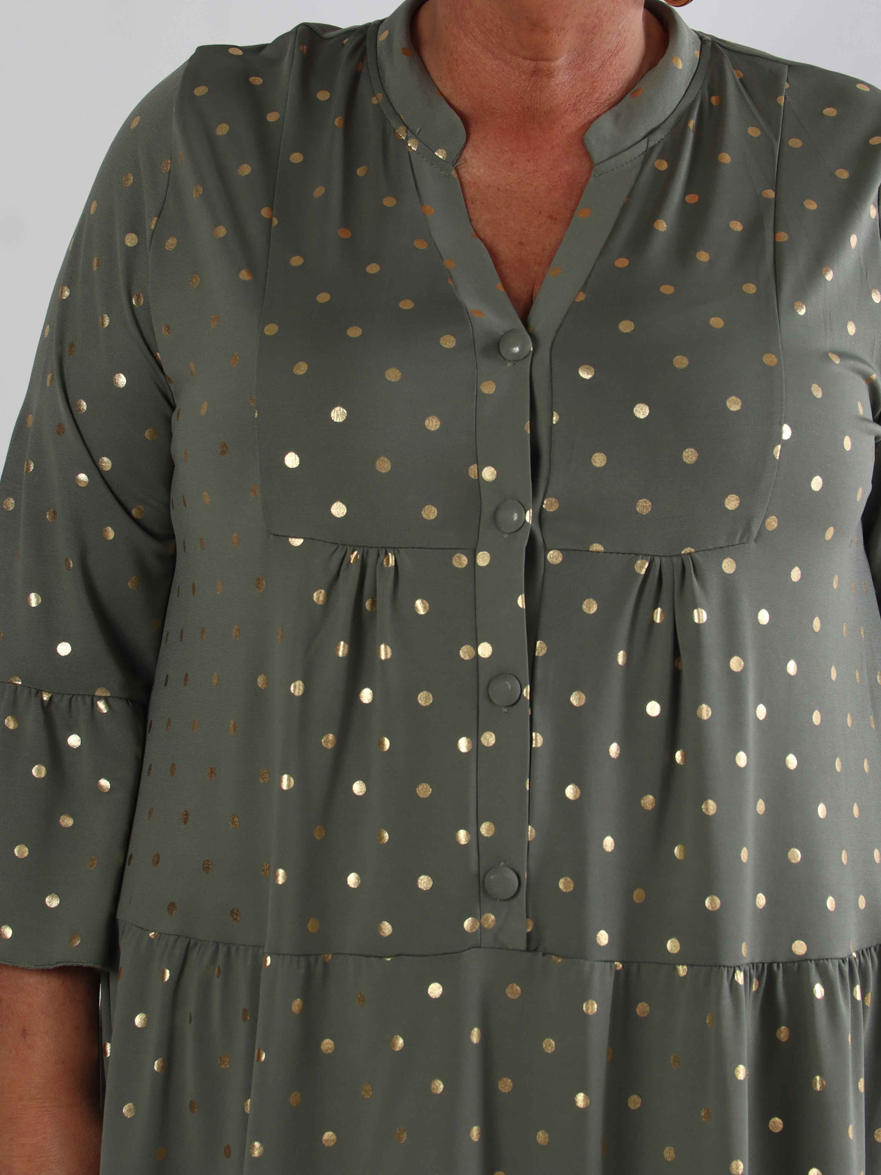 Milania Dot - Elastisk plus size kjole med guld prikker og flæselag